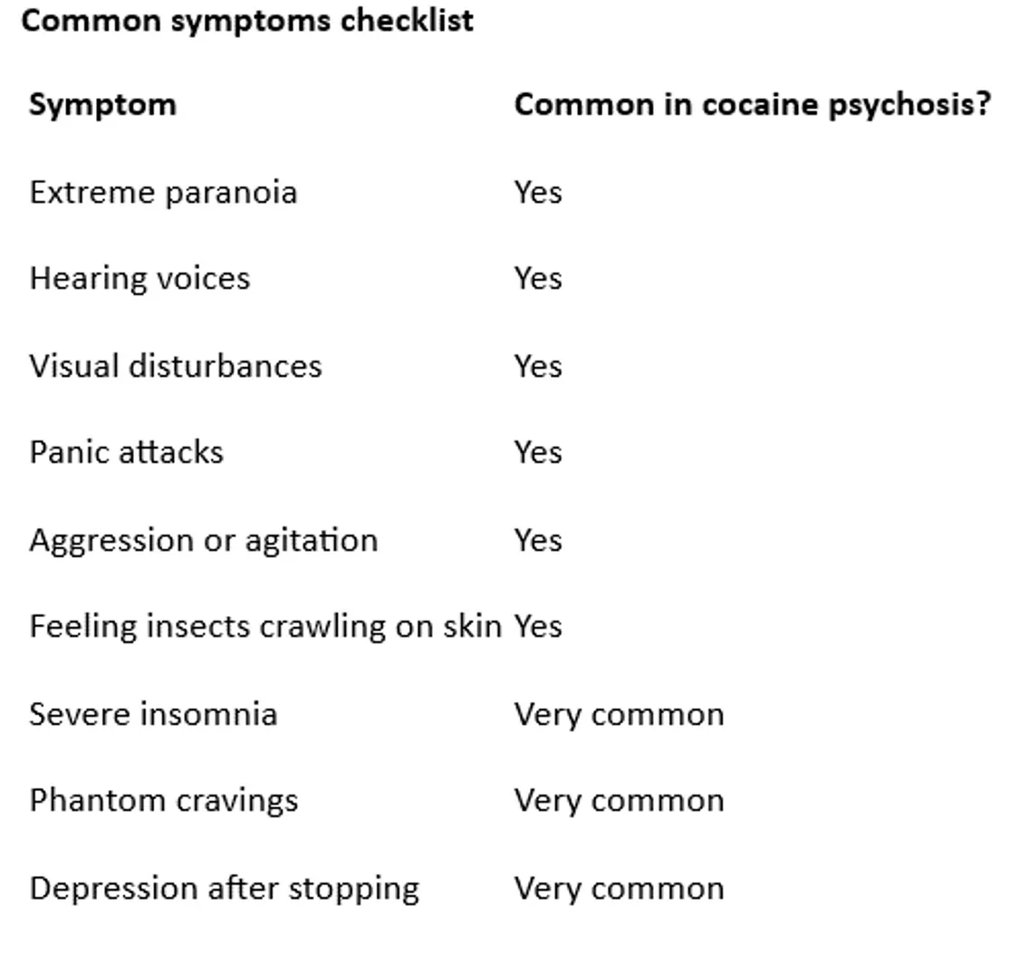 Checklist of common cocaine psychosis symptoms, showing that paranoia, hallucinations, visual disturbances, panic attacks, agitation, tactile hallucinations, insomnia, cravings and depression are all common features.