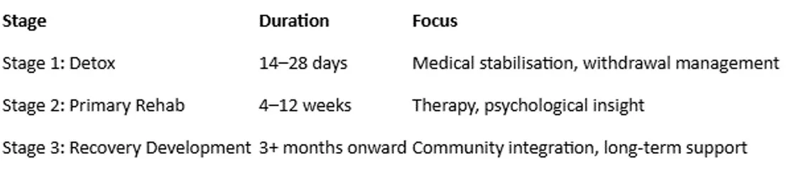 stages and focus of rehab in a table