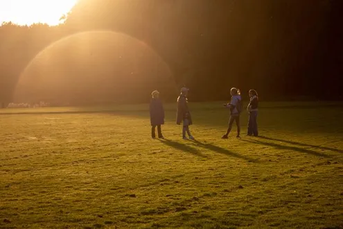 Four people stand on a grassy field illuminated by a setting sun