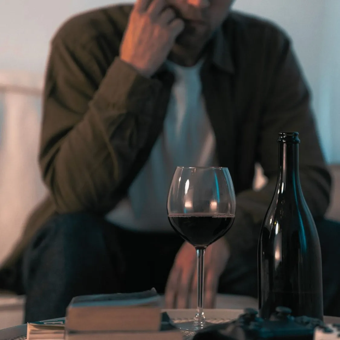 forefront a glass of red wine and bottle and a male figure sitting on a sofa behind