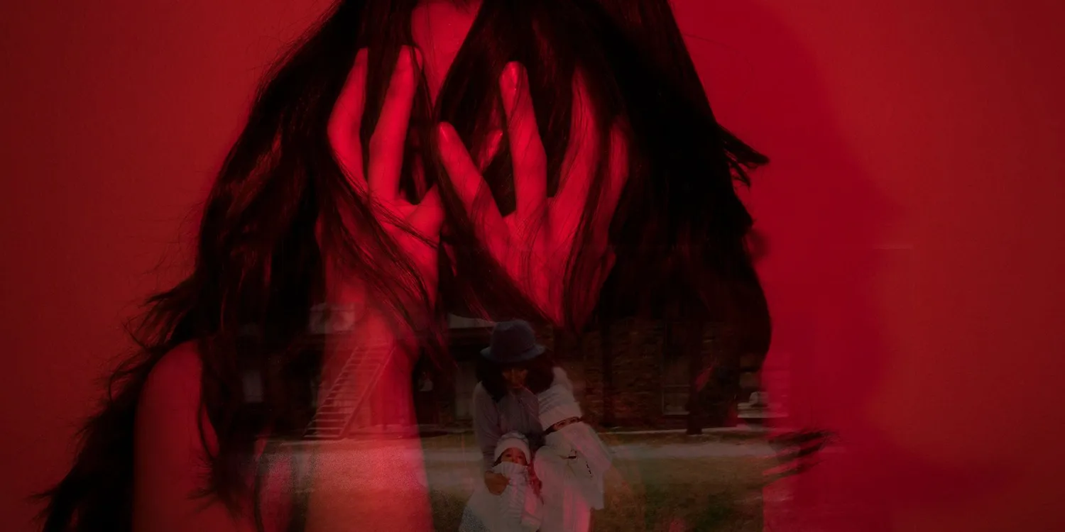 Woman covering her face in distress, overlaid with a childhood photograph to represent depression, emotional pain and difficult memories.