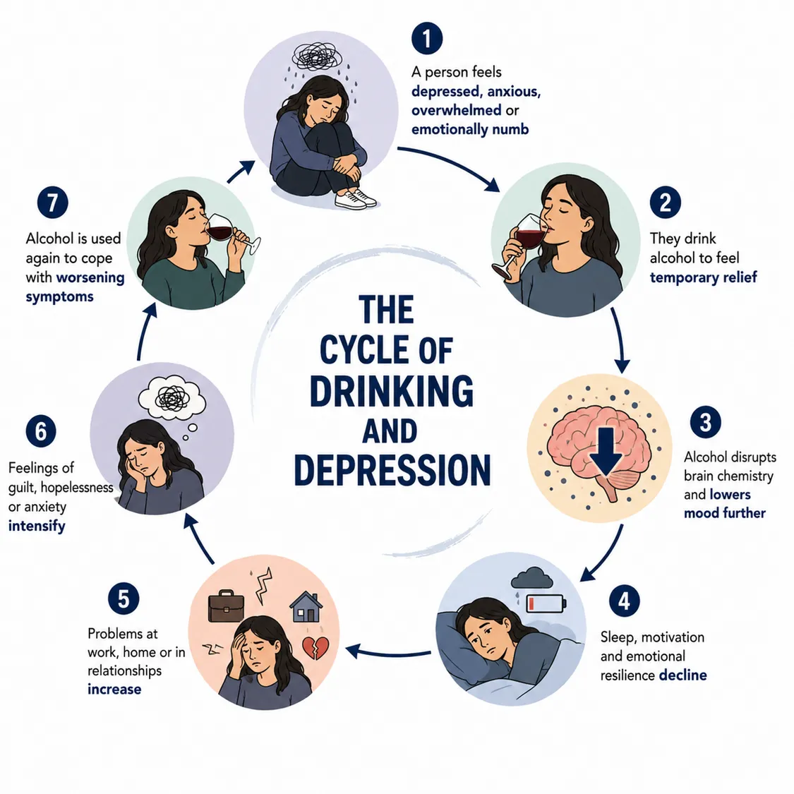 Circular infographic showing the cycle of drinking and depression. It illustrates seven repeating stages: (1) a person feels depressed, anxious, overwhelmed or emotionally numb; (2) they drink alcohol for temporary relief; (3) alcohol disrupts brain chemistry and lowers mood further; (4) sleep, motivation and emotional resilience decline; (5) problems at work, home or in relationships increase; (6) feelings of guilt, hopelessness or anxiety intensify; and (7) alcohol is used again to cope with worsening symptoms, creating a continuous cycle.