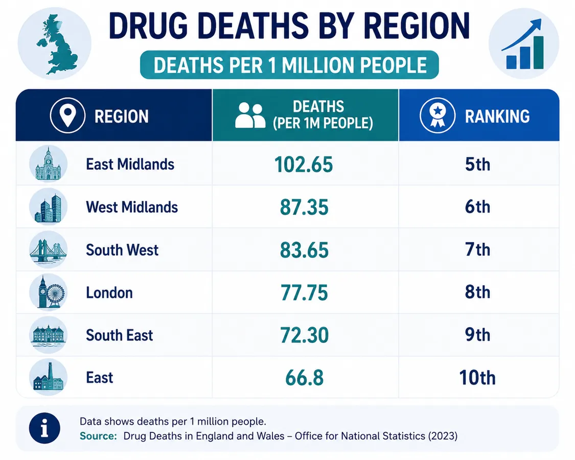 table showing drug deaths by region in England and Wales (2023), measured as deaths per 1 million people. East Midlands records 102.65 deaths per million, followed by West Midlands (87.35), South West (83.65), London (77.75), South East (72.30), and East (66.8).