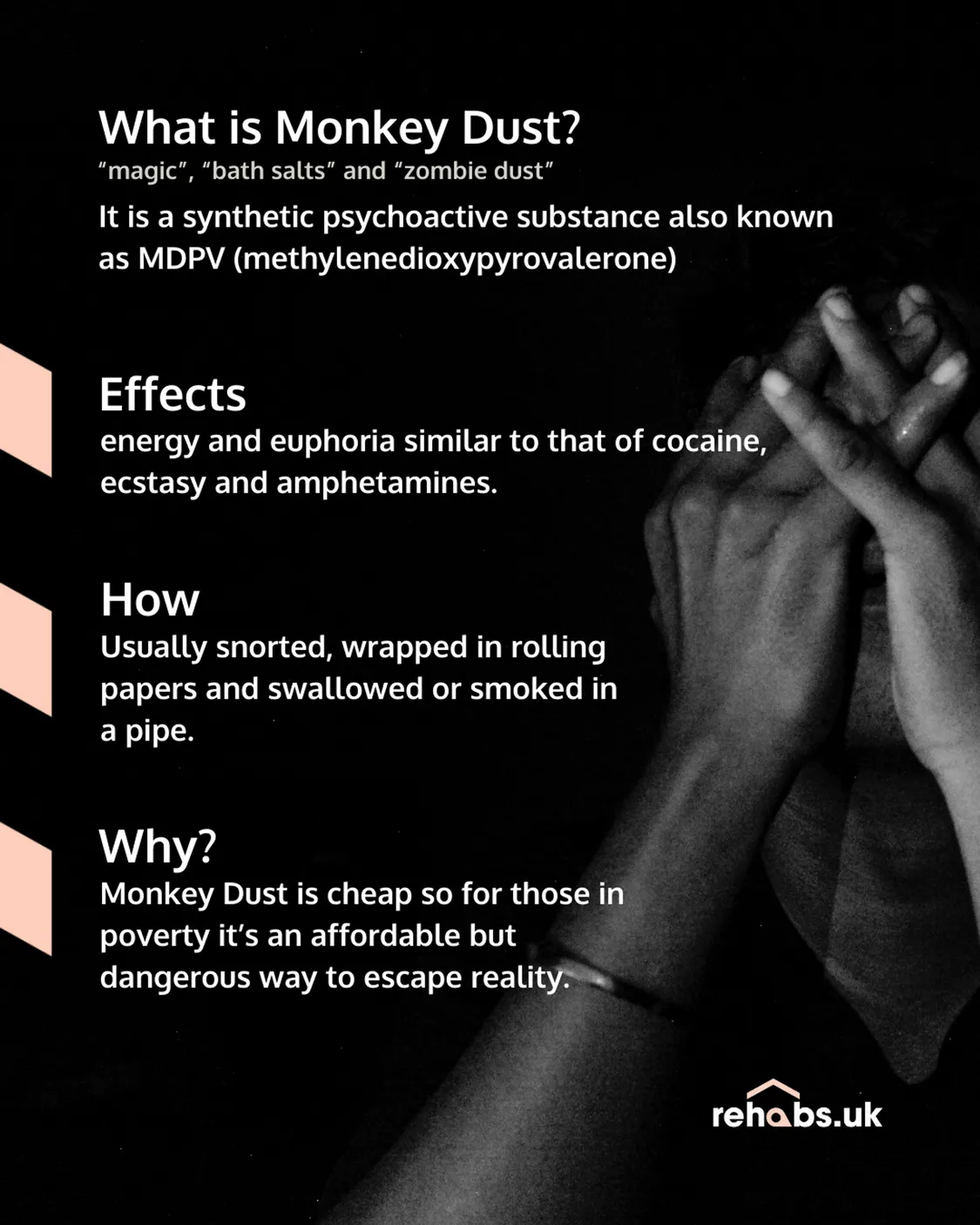 Do you know what Monkey Dust is? Monkey Dust, Bath Salts or Zombie Dust, chemically known as MDPV, is a synthetic drug that has surged in popularity in the UK. It offers an intense high similar to amphetamines for a cheap price. We offer support, and encourage those affected to seek the help they deserve. Your share can make a difference!