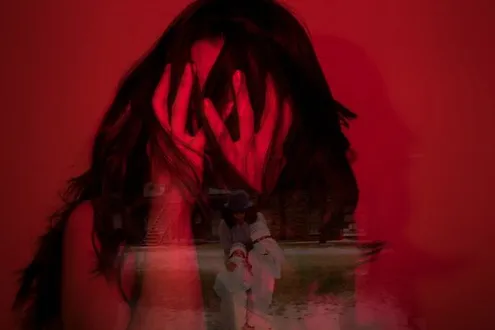 Woman covering her face in distress, overlaid with a childhood photograph to represent depression, emotional pain and difficult memories.